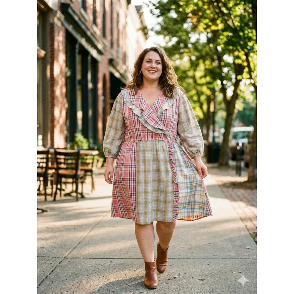 Grace + Emma Women Pink Yellow Plaid Patchwork Ruffle Cotton Dress 3/4 Sleeve